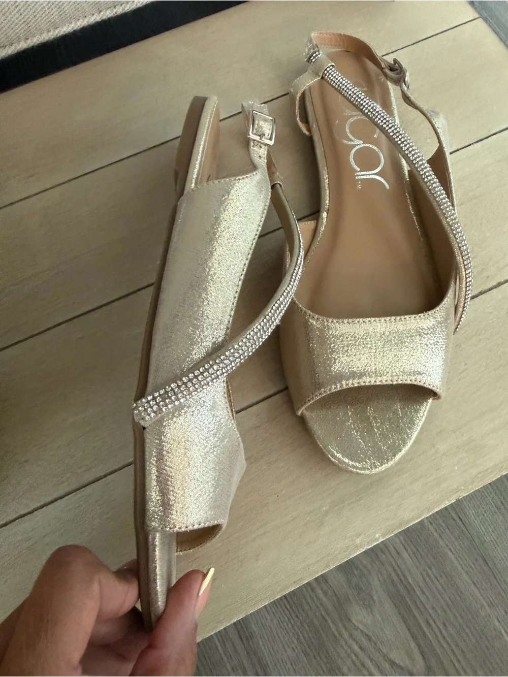 Sugar Metallic Gold Open-Toe Slingback Sandals with Rhinestone Strap